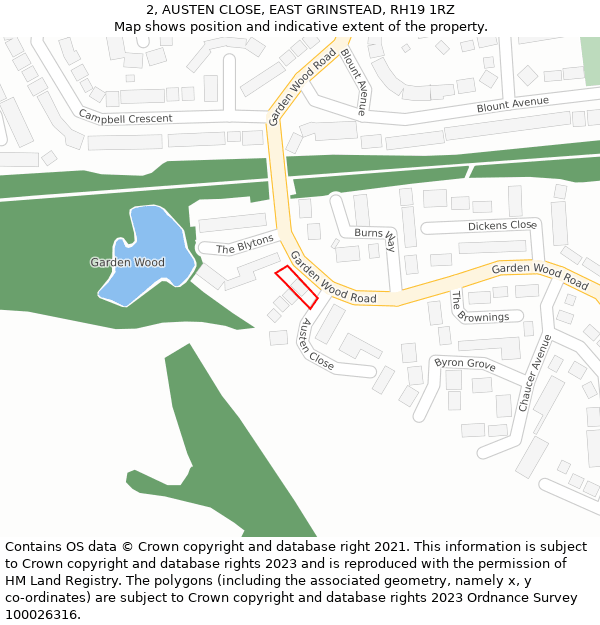 2, AUSTEN CLOSE, EAST GRINSTEAD, RH19 1RZ: Location map and indicative extent of plot