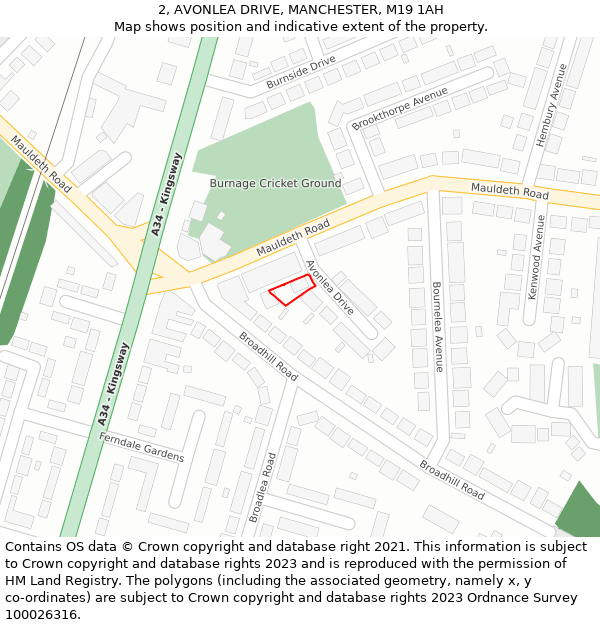 2, AVONLEA DRIVE, MANCHESTER, M19 1AH: Location map and indicative extent of plot