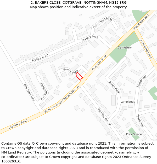 2, BAKERS CLOSE, COTGRAVE, NOTTINGHAM, NG12 3RG: Location map and indicative extent of plot