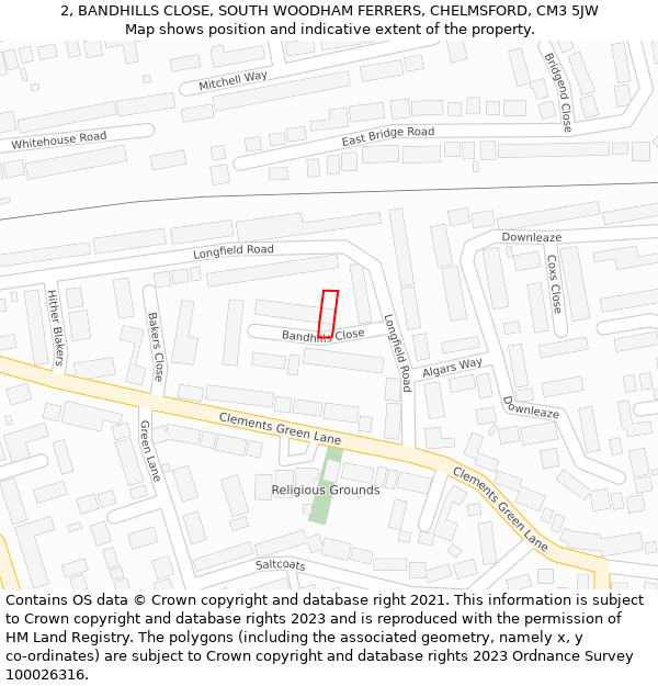 2, BANDHILLS CLOSE, SOUTH WOODHAM FERRERS, CHELMSFORD, CM3 5JW: Location map and indicative extent of plot