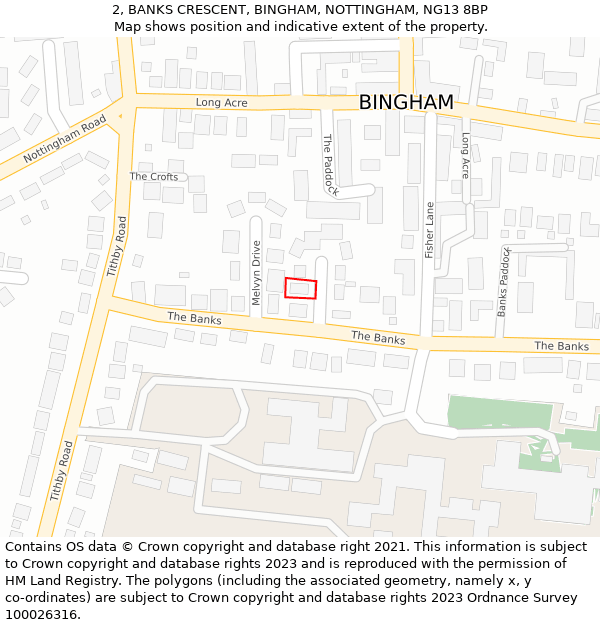 2, BANKS CRESCENT, BINGHAM, NOTTINGHAM, NG13 8BP: Location map and indicative extent of plot