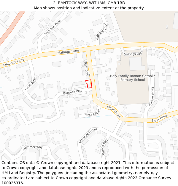 2, BANTOCK WAY, WITHAM, CM8 1BD: Location map and indicative extent of plot