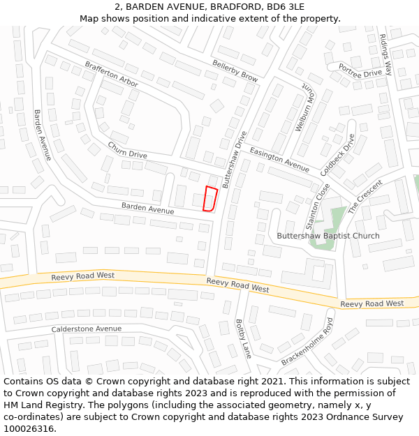 2, BARDEN AVENUE, BRADFORD, BD6 3LE: Location map and indicative extent of plot