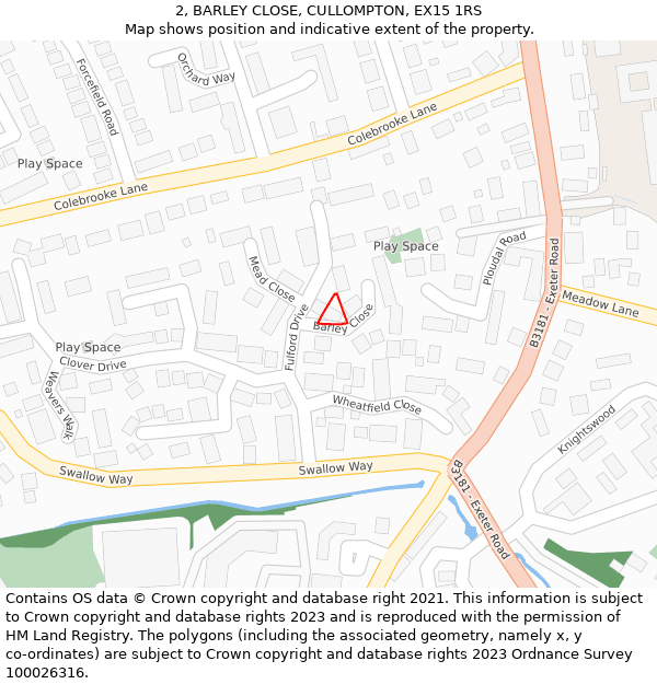 2, BARLEY CLOSE, CULLOMPTON, EX15 1RS: Location map and indicative extent of plot