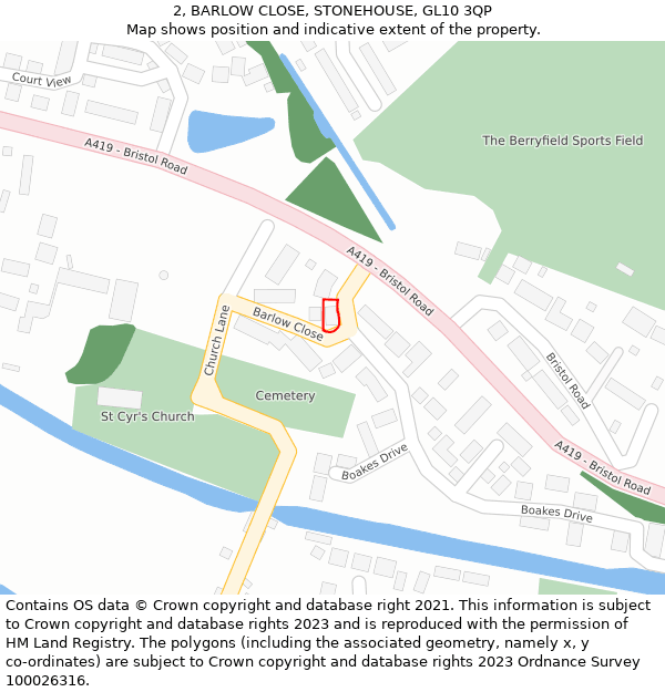 2, BARLOW CLOSE, STONEHOUSE, GL10 3QP: Location map and indicative extent of plot