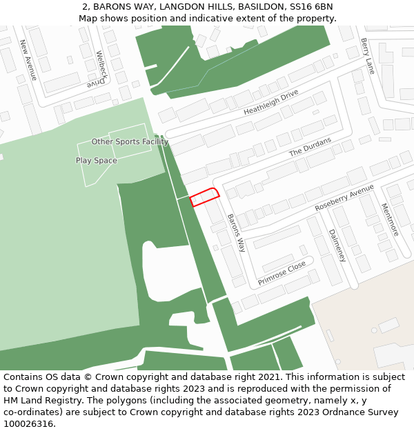 2, BARONS WAY, LANGDON HILLS, BASILDON, SS16 6BN: Location map and indicative extent of plot