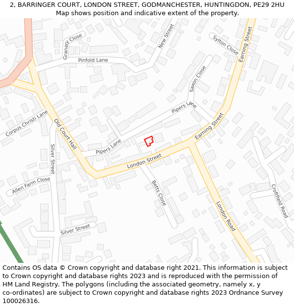 2, BARRINGER COURT, LONDON STREET, GODMANCHESTER, HUNTINGDON, PE29 2HU: Location map and indicative extent of plot