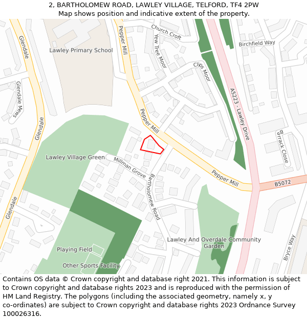 2, BARTHOLOMEW ROAD, LAWLEY VILLAGE, TELFORD, TF4 2PW: Location map and indicative extent of plot