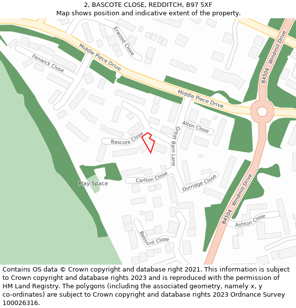 2, BASCOTE CLOSE, REDDITCH, B97 5XF: Location map and indicative extent of plot