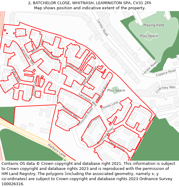 2, BATCHELOR CLOSE, WHITNASH, LEAMINGTON SPA, CV31 2FA: Location map and indicative extent of plot