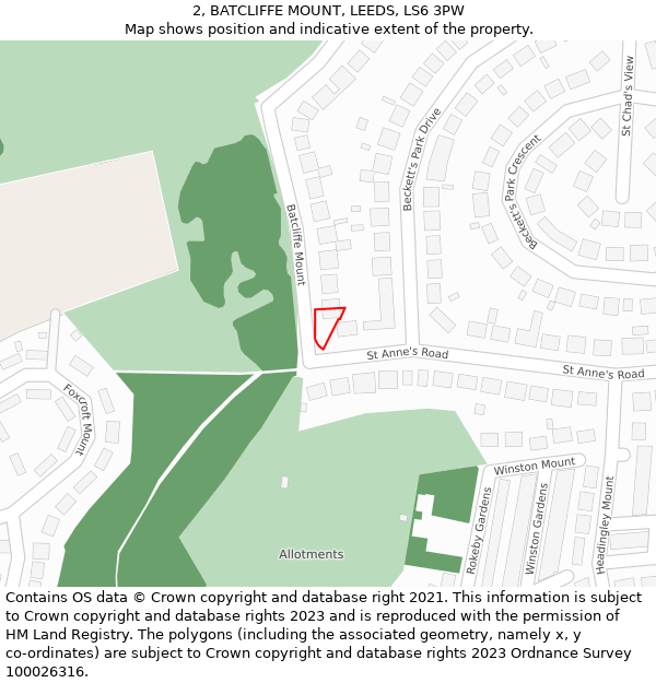 2, BATCLIFFE MOUNT, LEEDS, LS6 3PW: Location map and indicative extent of plot