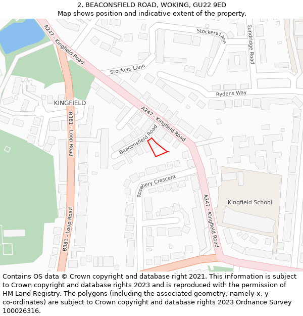 2, BEACONSFIELD ROAD, WOKING, GU22 9ED: Location map and indicative extent of plot