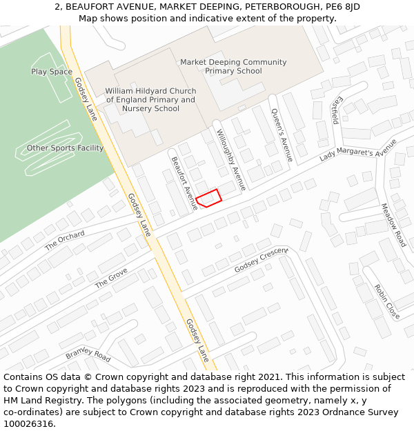 2, BEAUFORT AVENUE, MARKET DEEPING, PETERBOROUGH, PE6 8JD: Location map and indicative extent of plot