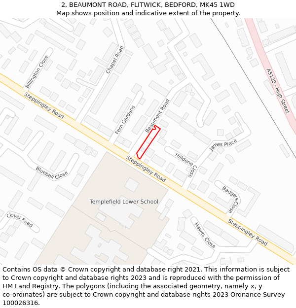 2, BEAUMONT ROAD, FLITWICK, BEDFORD, MK45 1WD: Location map and indicative extent of plot