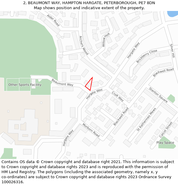 2, BEAUMONT WAY, HAMPTON HARGATE, PETERBOROUGH, PE7 8DN: Location map and indicative extent of plot