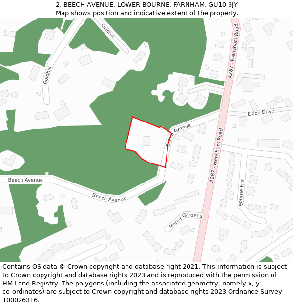 2, BEECH AVENUE, LOWER BOURNE, FARNHAM, GU10 3JY: Location map and indicative extent of plot