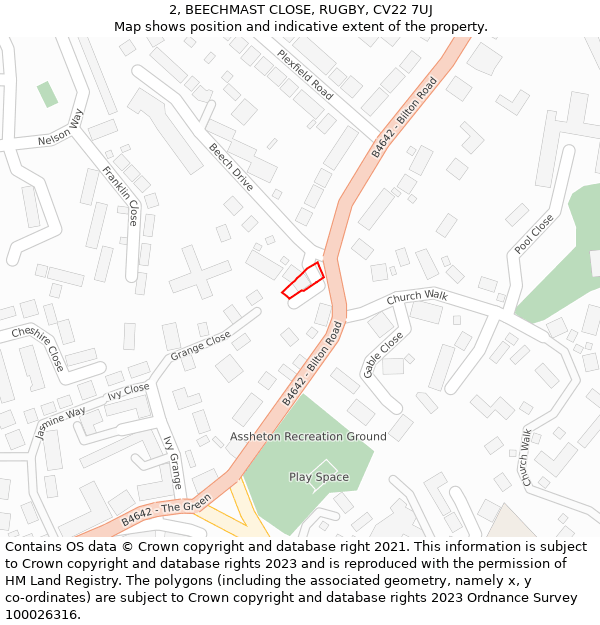 2, BEECHMAST CLOSE, RUGBY, CV22 7UJ: Location map and indicative extent of plot