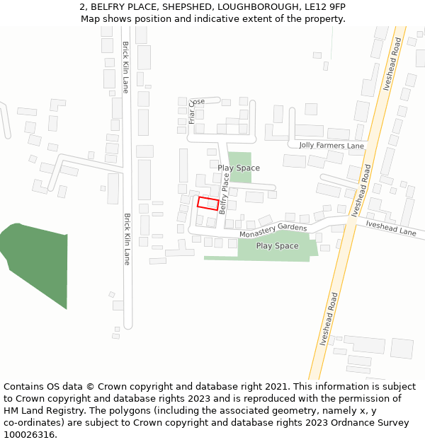 2, BELFRY PLACE, SHEPSHED, LOUGHBOROUGH, LE12 9FP: Location map and indicative extent of plot