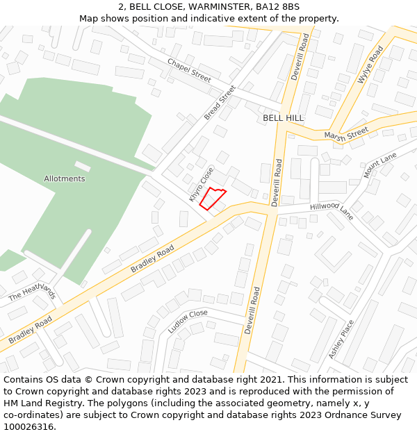 2, BELL CLOSE, WARMINSTER, BA12 8BS: Location map and indicative extent of plot