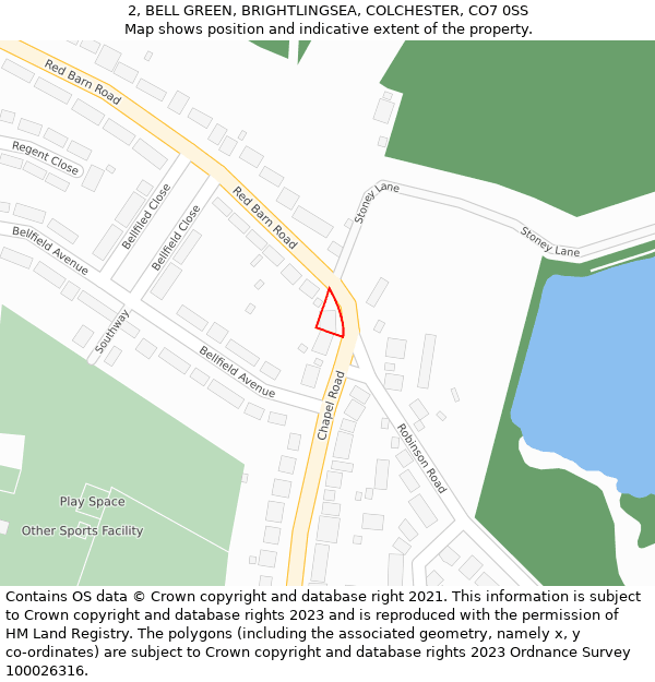 2, BELL GREEN, BRIGHTLINGSEA, COLCHESTER, CO7 0SS: Location map and indicative extent of plot