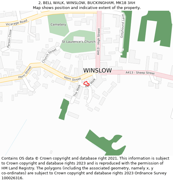 2, BELL WALK, WINSLOW, BUCKINGHAM, MK18 3AH: Location map and indicative extent of plot