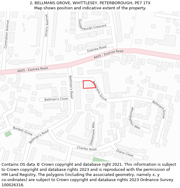 2, BELLMANS GROVE, WHITTLESEY, PETERBOROUGH, PE7 1TX: Location map and indicative extent of plot