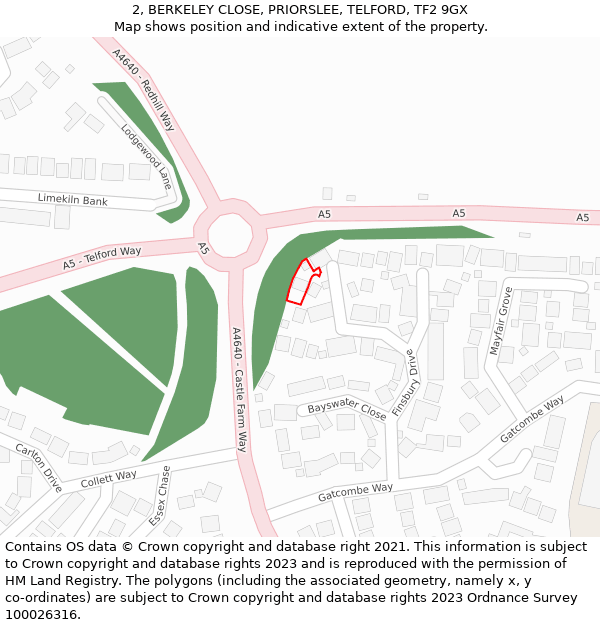 2, BERKELEY CLOSE, PRIORSLEE, TELFORD, TF2 9GX: Location map and indicative extent of plot