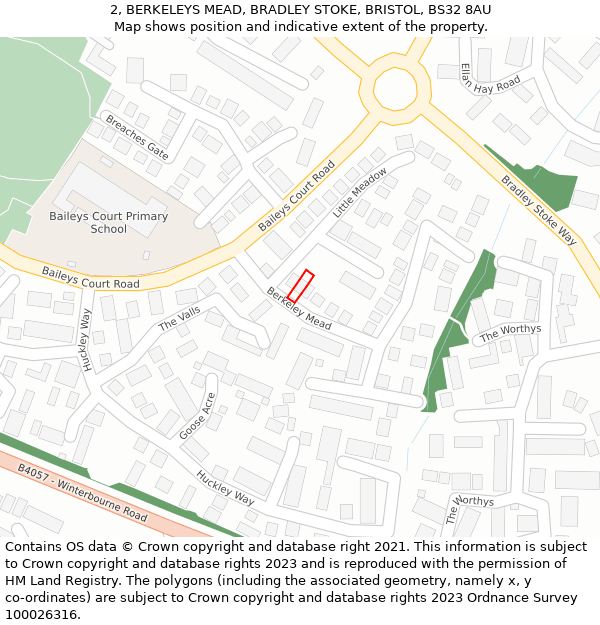 2, BERKELEYS MEAD, BRADLEY STOKE, BRISTOL, BS32 8AU: Location map and indicative extent of plot