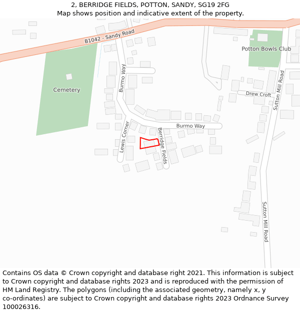 2, BERRIDGE FIELDS, POTTON, SANDY, SG19 2FG: Location map and indicative extent of plot