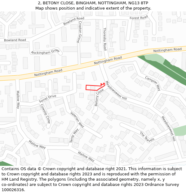 2, BETONY CLOSE, BINGHAM, NOTTINGHAM, NG13 8TP: Location map and indicative extent of plot