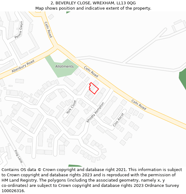 2, BEVERLEY CLOSE, WREXHAM, LL13 0QG: Location map and indicative extent of plot