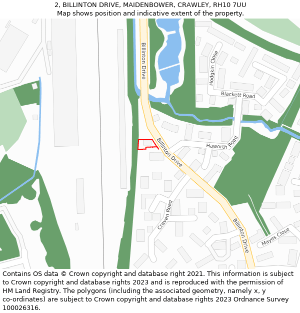 2, BILLINTON DRIVE, MAIDENBOWER, CRAWLEY, RH10 7UU: Location map and indicative extent of plot