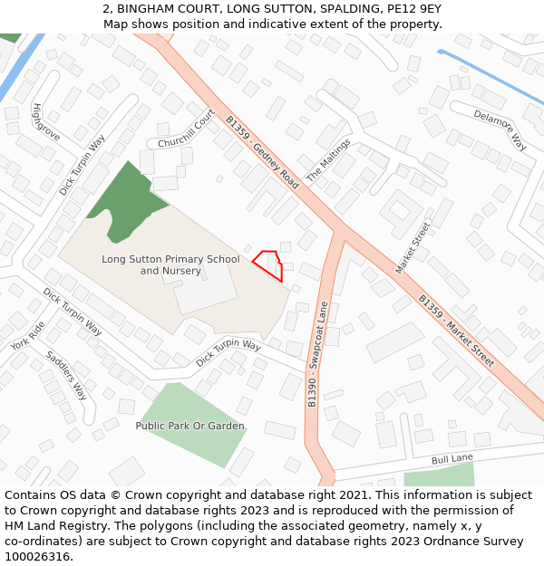 2, BINGHAM COURT, LONG SUTTON, SPALDING, PE12 9EY: Location map and indicative extent of plot