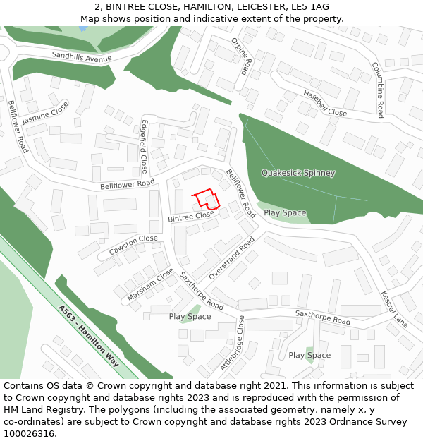 2, BINTREE CLOSE, HAMILTON, LEICESTER, LE5 1AG: Location map and indicative extent of plot