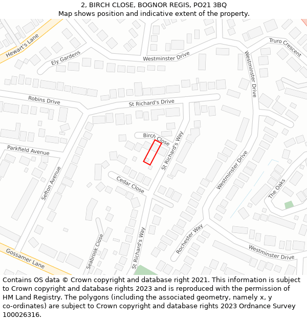 2, BIRCH CLOSE, BOGNOR REGIS, PO21 3BQ: Location map and indicative extent of plot