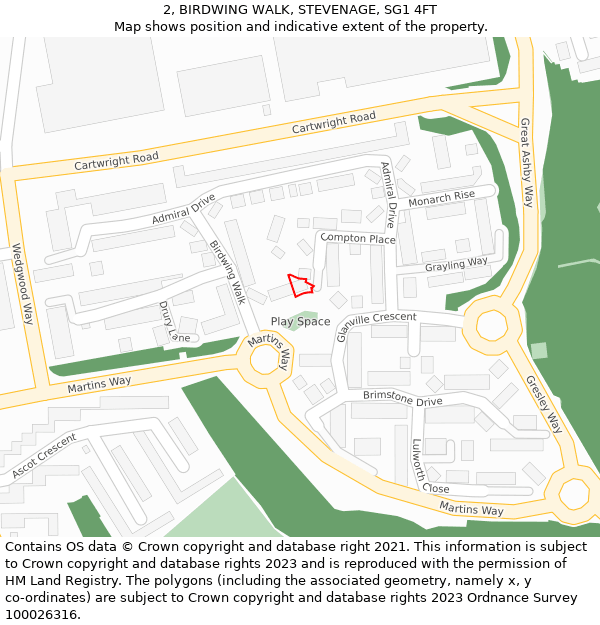 2, BIRDWING WALK, STEVENAGE, SG1 4FT: Location map and indicative extent of plot