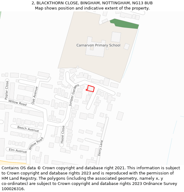 2, BLACKTHORN CLOSE, BINGHAM, NOTTINGHAM, NG13 8UB: Location map and indicative extent of plot