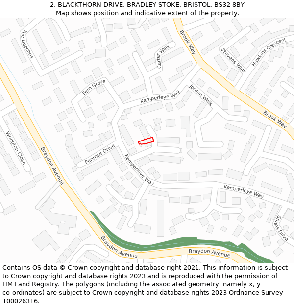 2, BLACKTHORN DRIVE, BRADLEY STOKE, BRISTOL, BS32 8BY: Location map and indicative extent of plot