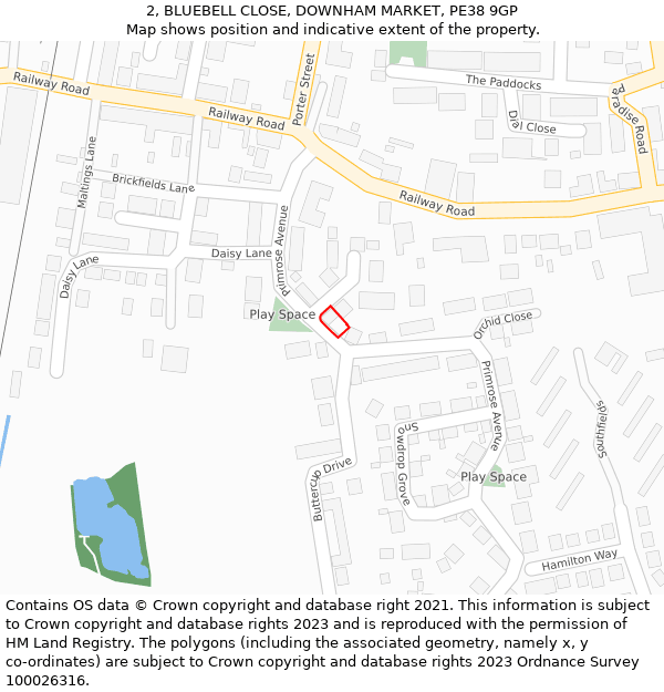 2, BLUEBELL CLOSE, DOWNHAM MARKET, PE38 9GP: Location map and indicative extent of plot