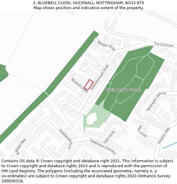 2, BLUEBELL CLOSE, HUCKNALL, NOTTINGHAM, NG15 6TX: Location map and indicative extent of plot