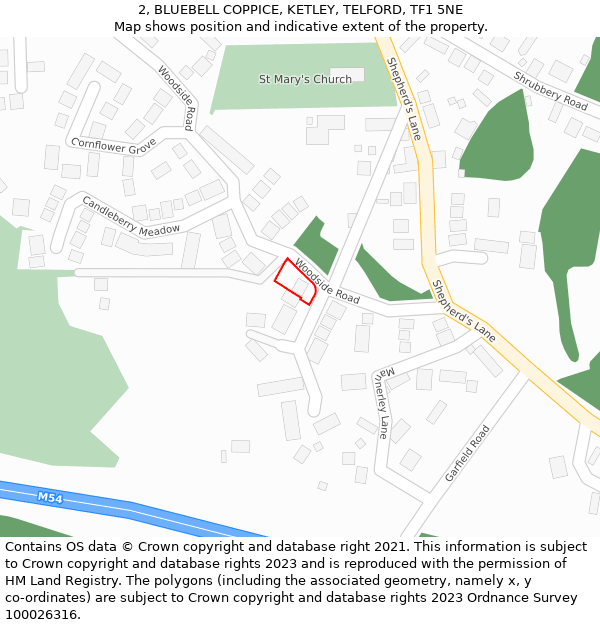 2, BLUEBELL COPPICE, KETLEY, TELFORD, TF1 5NE: Location map and indicative extent of plot