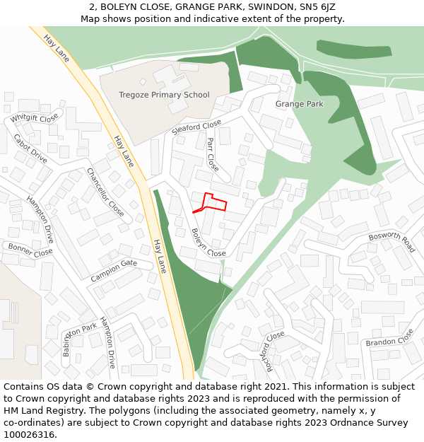 2, BOLEYN CLOSE, GRANGE PARK, SWINDON, SN5 6JZ: Location map and indicative extent of plot