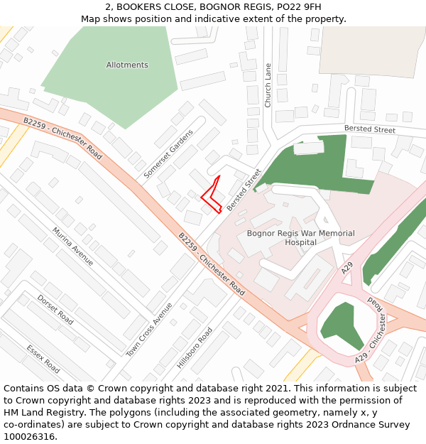 2, BOOKERS CLOSE, BOGNOR REGIS, PO22 9FH: Location map and indicative extent of plot