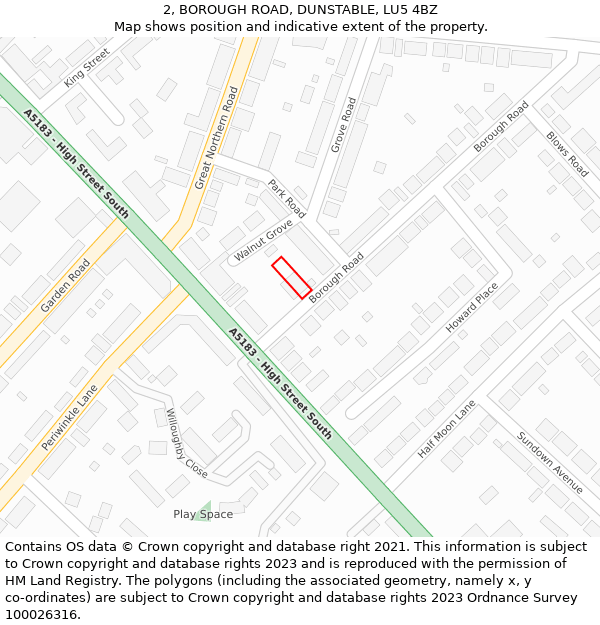 2, BOROUGH ROAD, DUNSTABLE, LU5 4BZ: Location map and indicative extent of plot