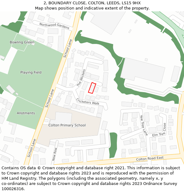 2, BOUNDARY CLOSE, COLTON, LEEDS, LS15 9HX: Location map and indicative extent of plot