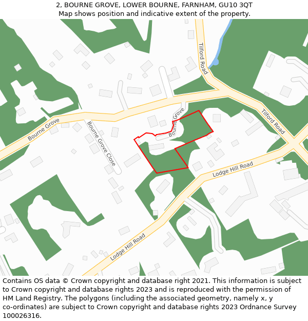 2, BOURNE GROVE, LOWER BOURNE, FARNHAM, GU10 3QT: Location map and indicative extent of plot
