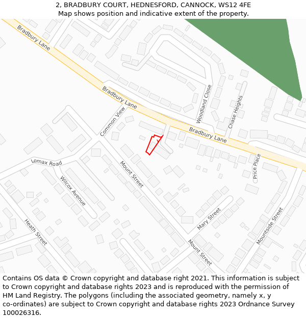 2, BRADBURY COURT, HEDNESFORD, CANNOCK, WS12 4FE: Location map and indicative extent of plot