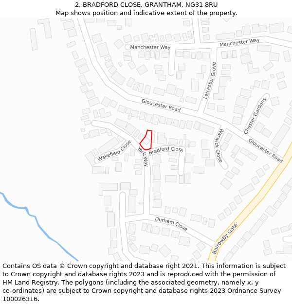 2, BRADFORD CLOSE, GRANTHAM, NG31 8RU: Location map and indicative extent of plot