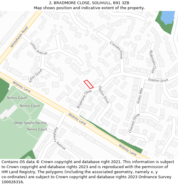 2, BRADMORE CLOSE, SOLIHULL, B91 3ZB: Location map and indicative extent of plot