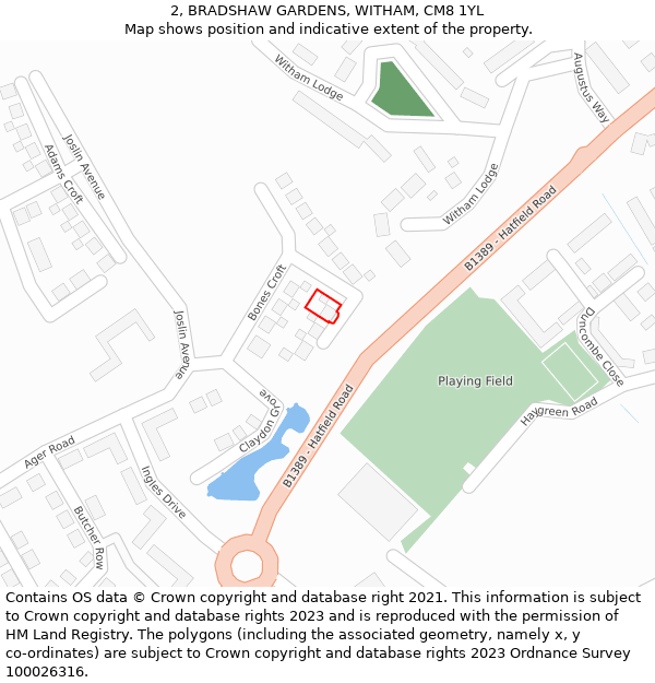 2, BRADSHAW GARDENS, WITHAM, CM8 1YL: Location map and indicative extent of plot